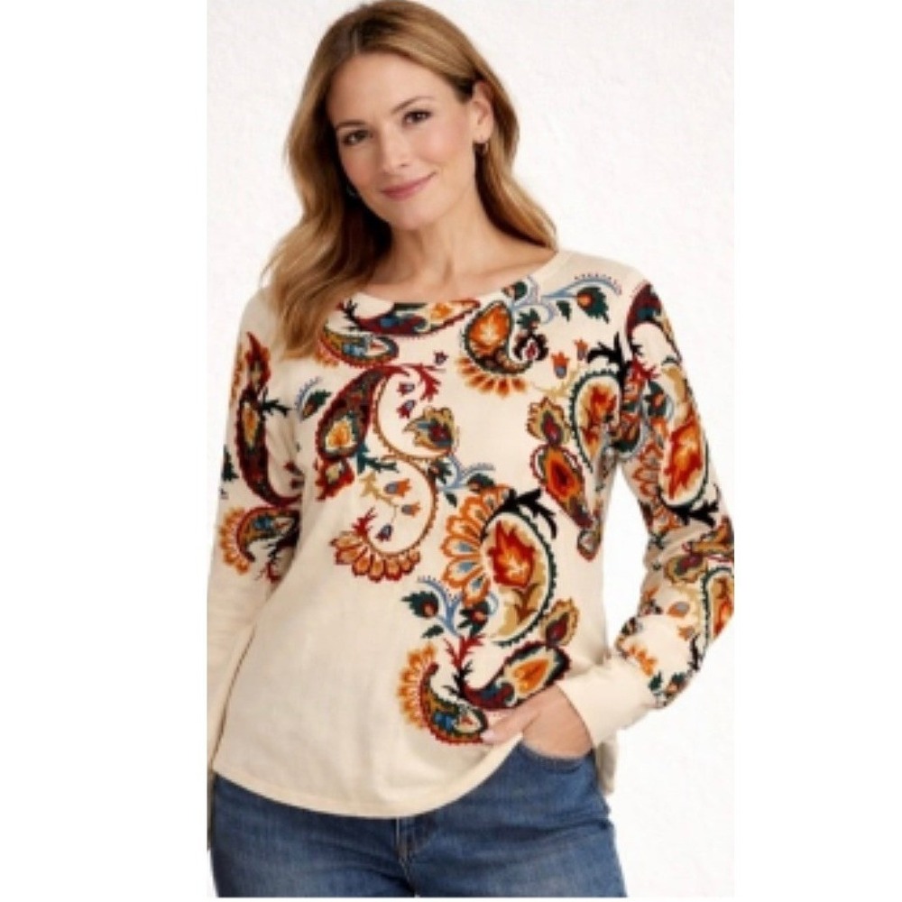 Chico's Paisley Sweater Top Women Size 3 (XL) Cream Boho Lightweight‎ Knit Artsy